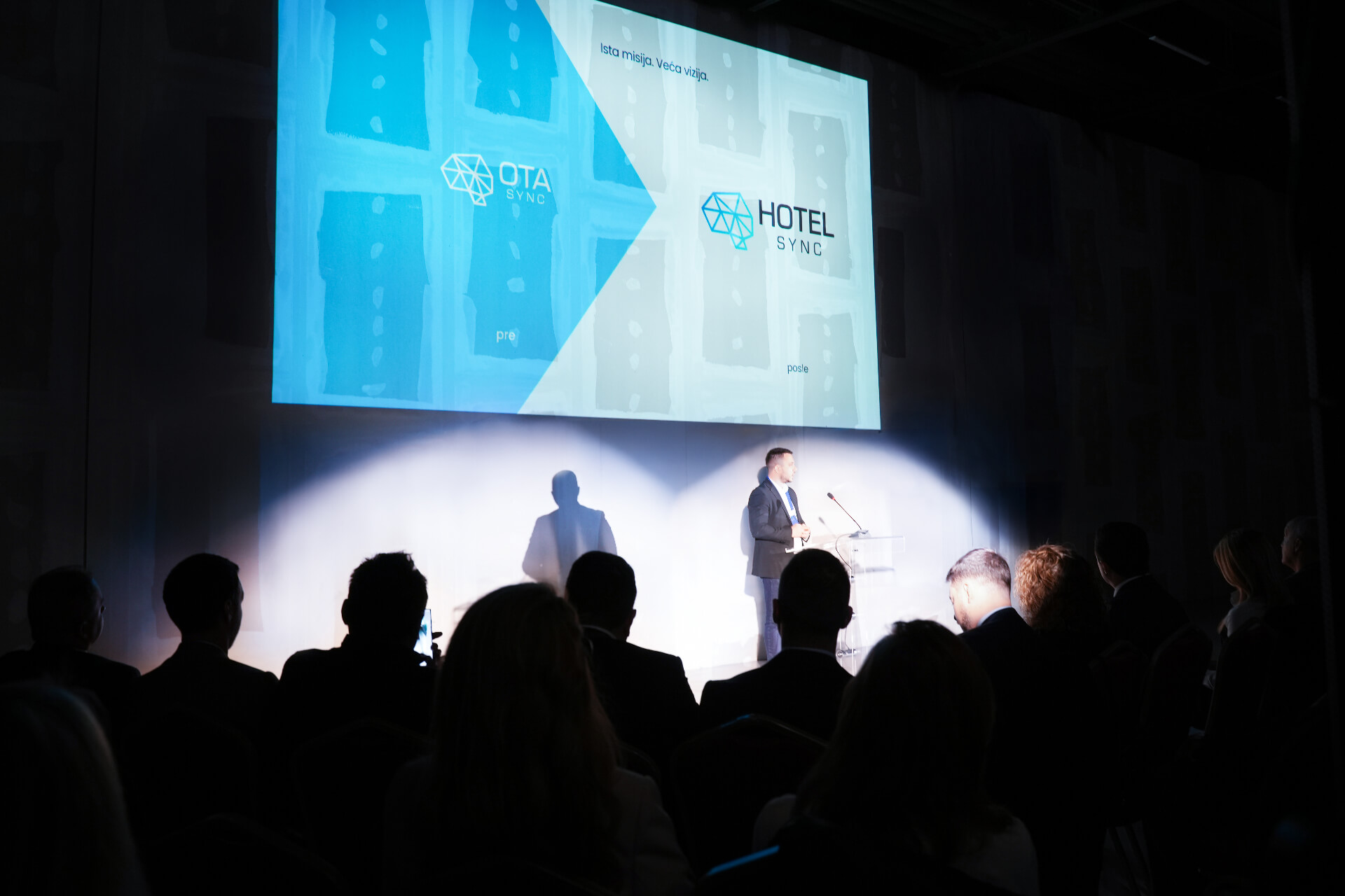 Presentazione sul palco del rebranding di HotelSync, che mostra il passaggio da OTA Sync a HotelSync